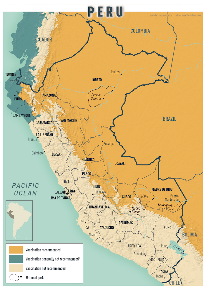 CDC Yellow Fever Vaccine recommendation map Peru